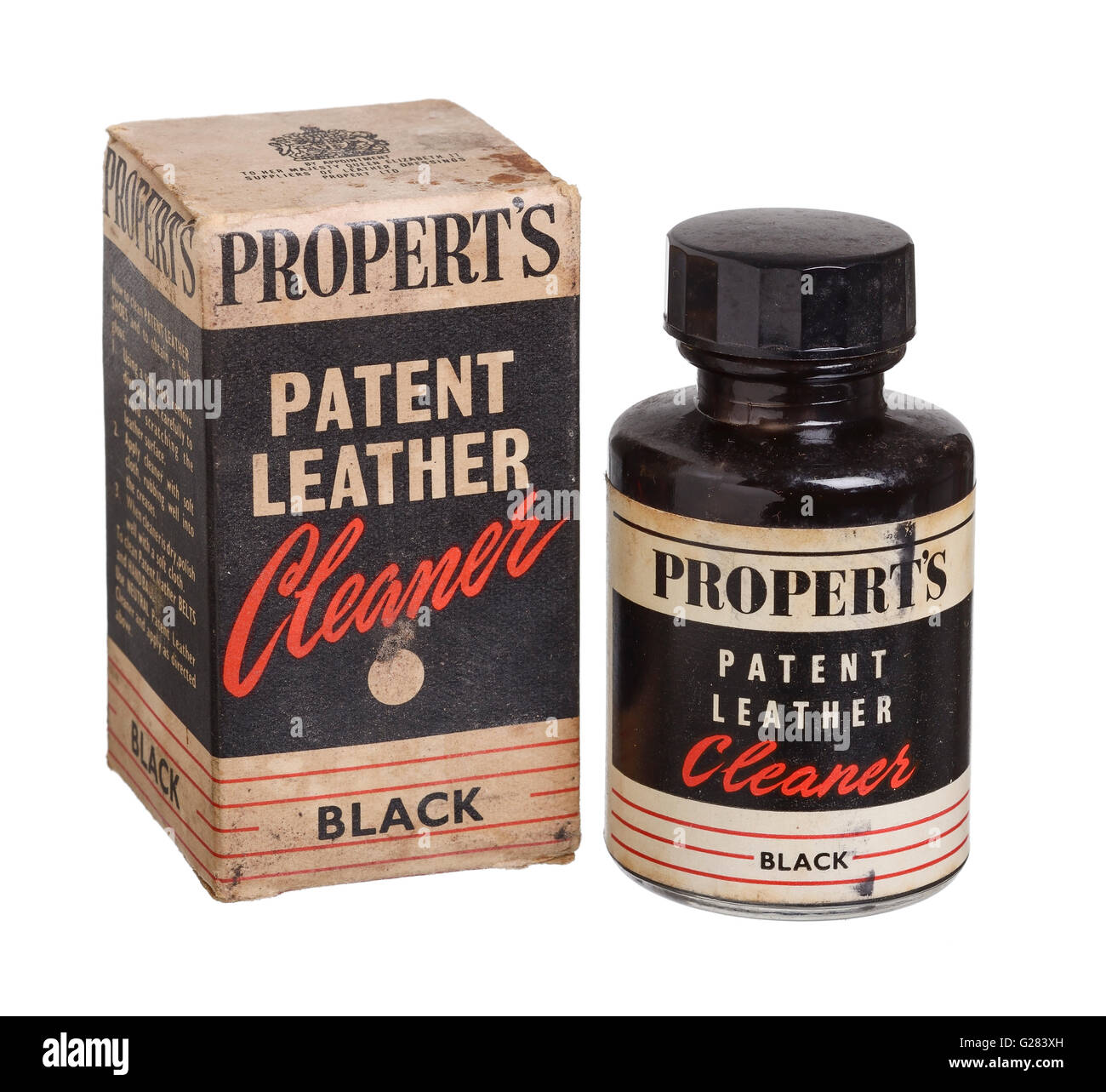 Vecchia bottiglia vintage e nella casella del brevetto Proberts Leather Cleaner Foto Stock