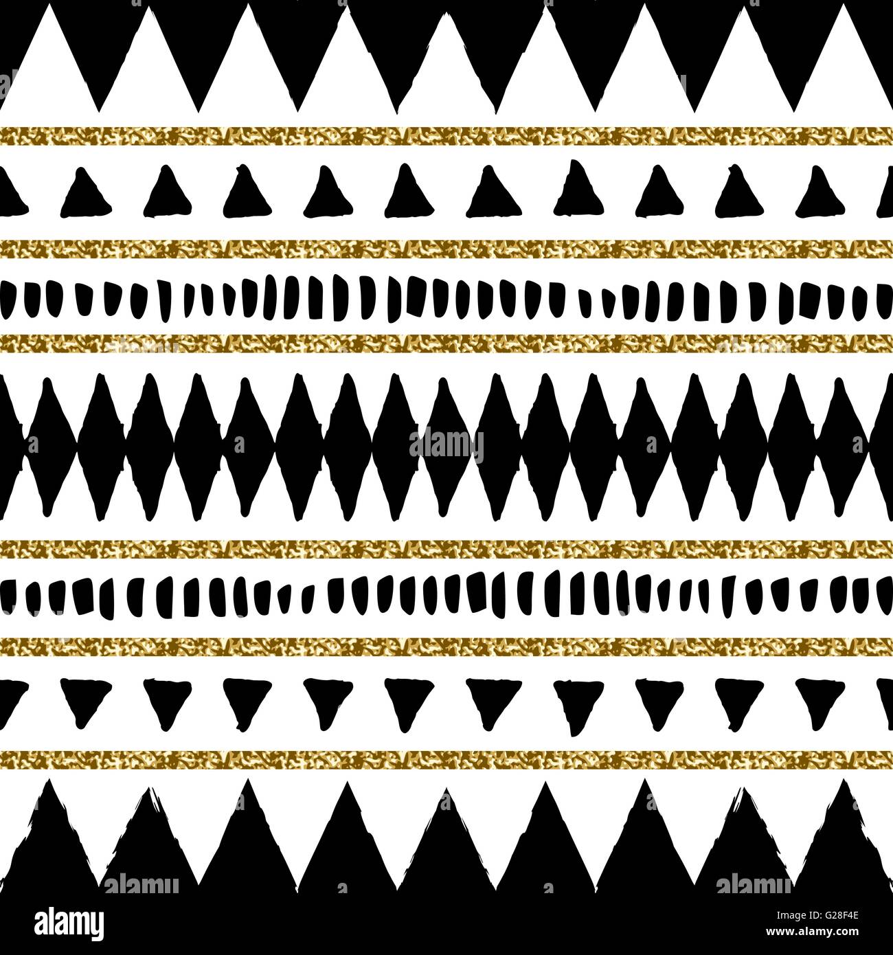 Abstract di etnia seamless schema di ripetizione in nero, oro glitter e bianco. Moderno ed elegante design abstract dei poster, coprire, scheda Illustrazione Vettoriale