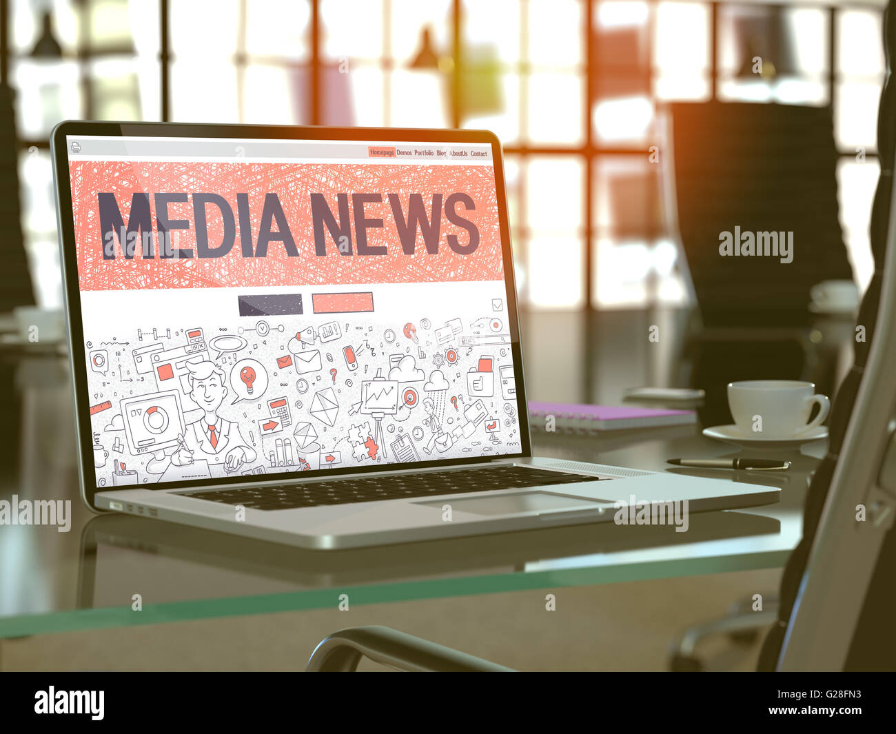 Media News - Concetto su uno schermo del notebook. Foto Stock