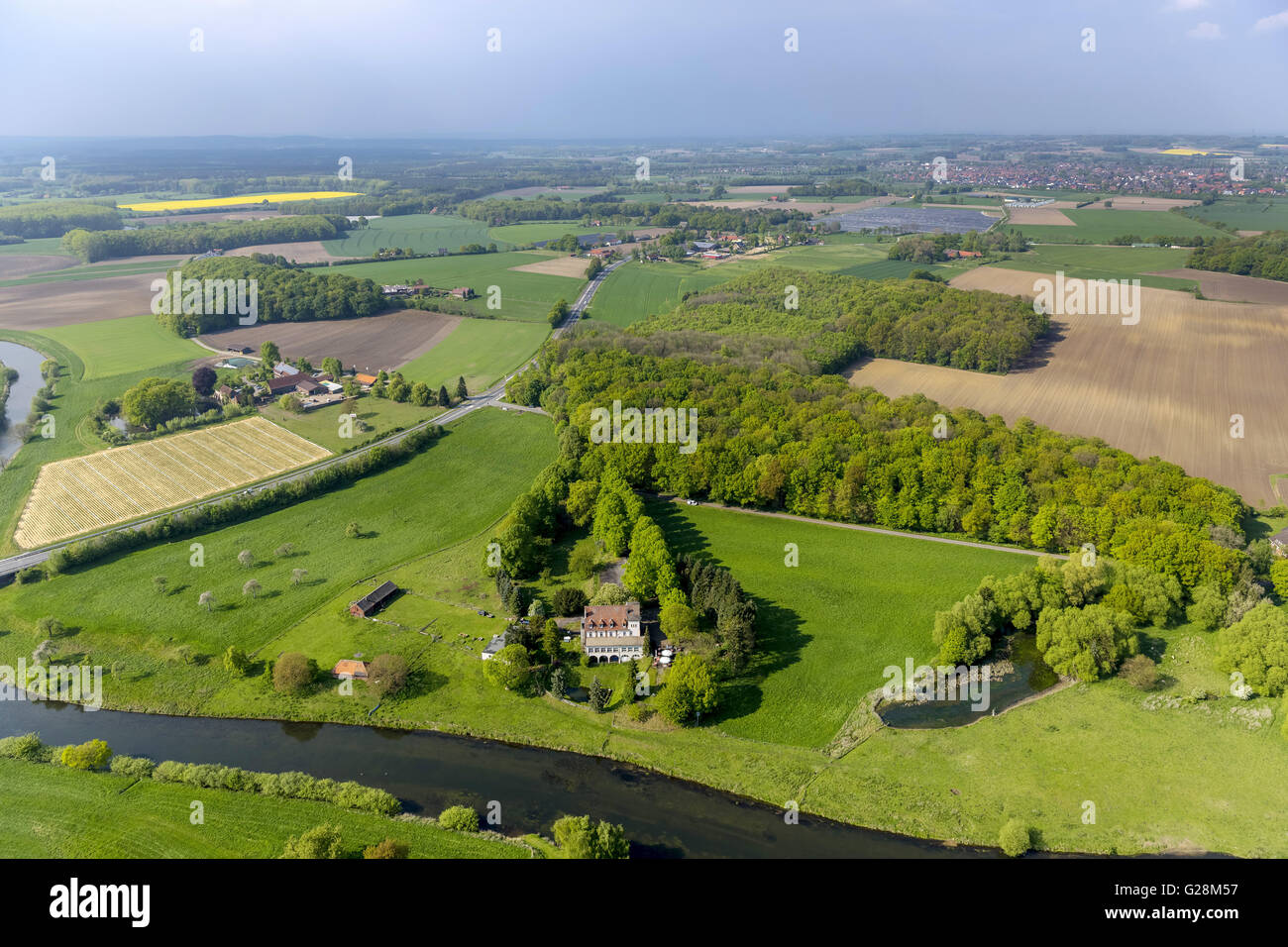 Vista aerea, Hotel Restaurant zur castello di rumore sul labbro, Olfen, Lippe Lippeauen, Lippe corso, Münsterland campagna,Germania Foto Stock