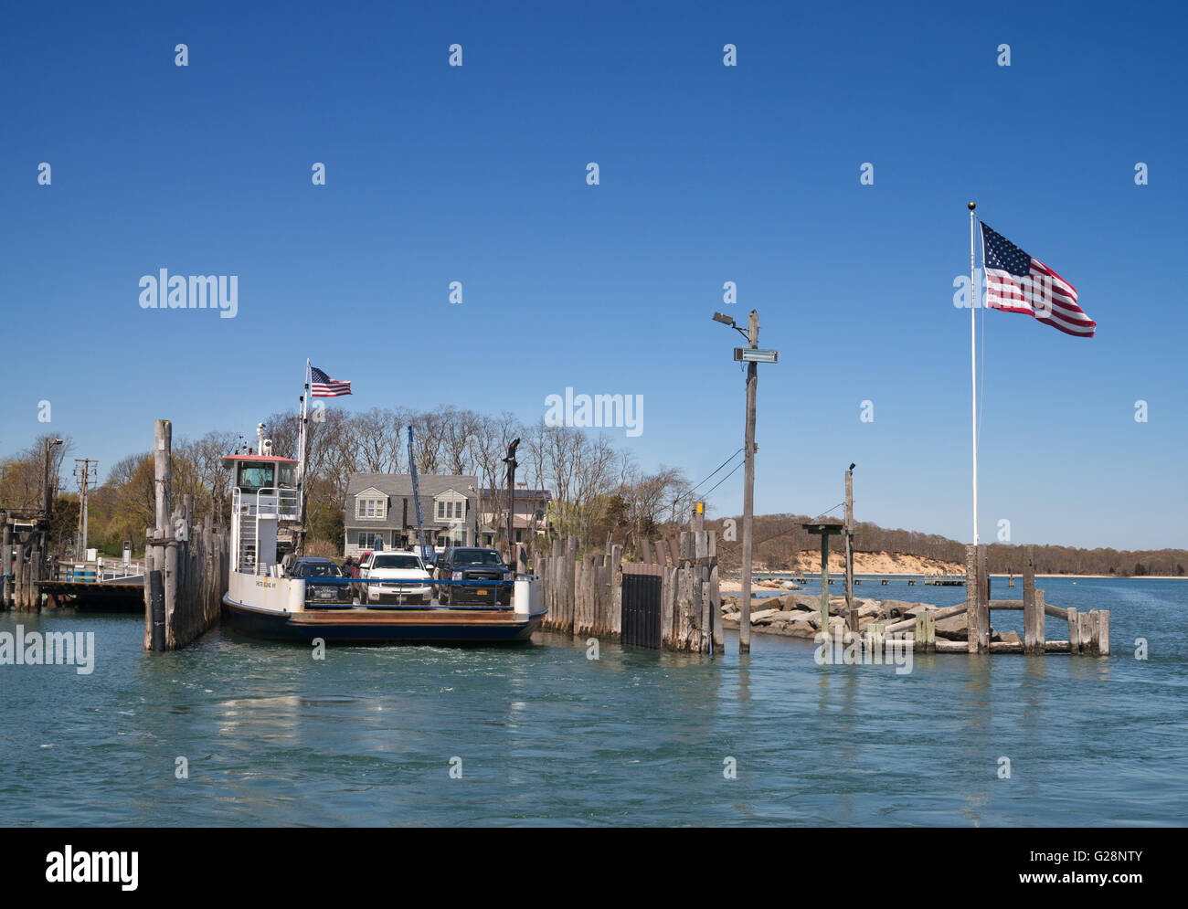 Shelter Island a Long Island South car ferry ormeggiato a Shelter Island, New York, Stati Uniti d'America Foto Stock