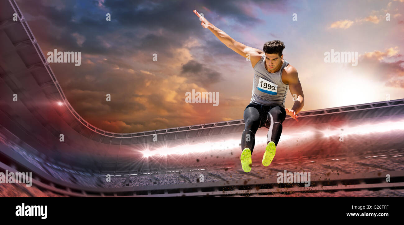 Immagine composita di atleta saltando su sfondo bianco Foto Stock