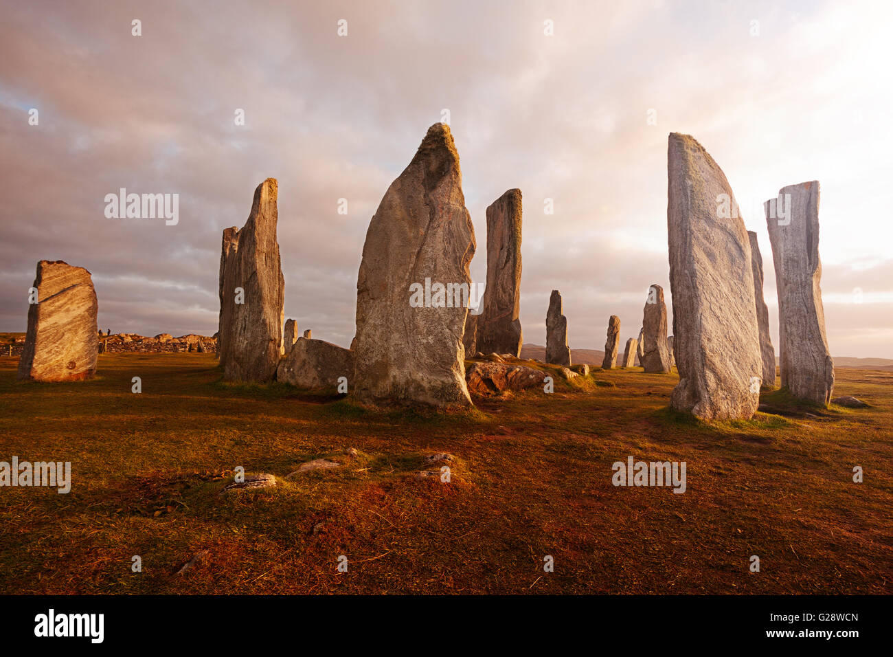 Callanish standing pietre: neolitico cerchio di pietra in isola di Lewis, Scozia Foto Stock