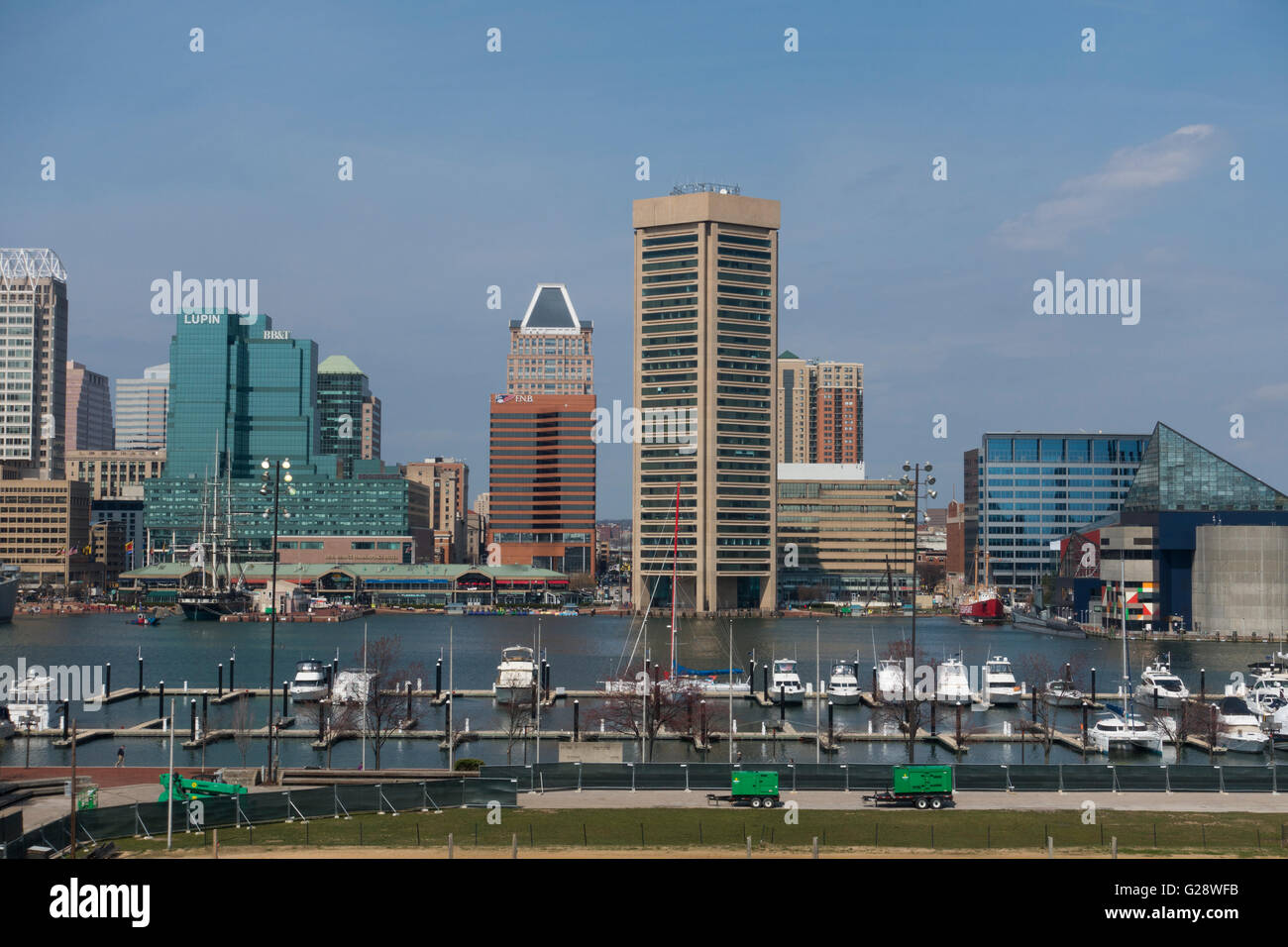 Lo skyline di Baltimore Maryland MD area del porto e marina Foto Stock