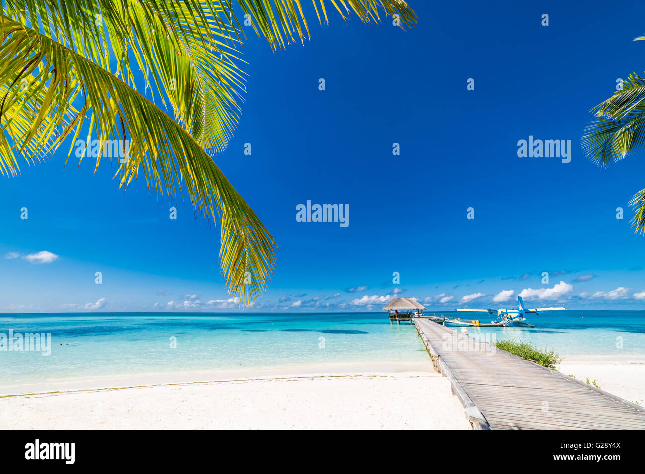 Splendida spiaggia delle Maldive con lussuose ville sull'acqua. Sfondo esotico concetto. Foto Stock