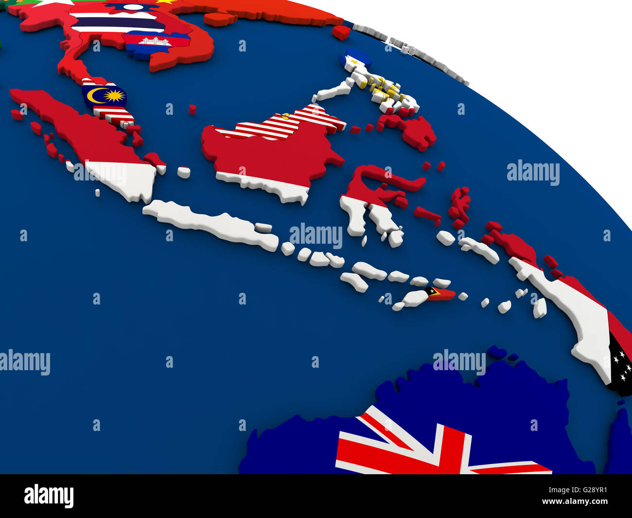 Mappa di Indonesia sul globo terrestre con embedded bandiere di paesi. 3D'illustrazione. Foto Stock