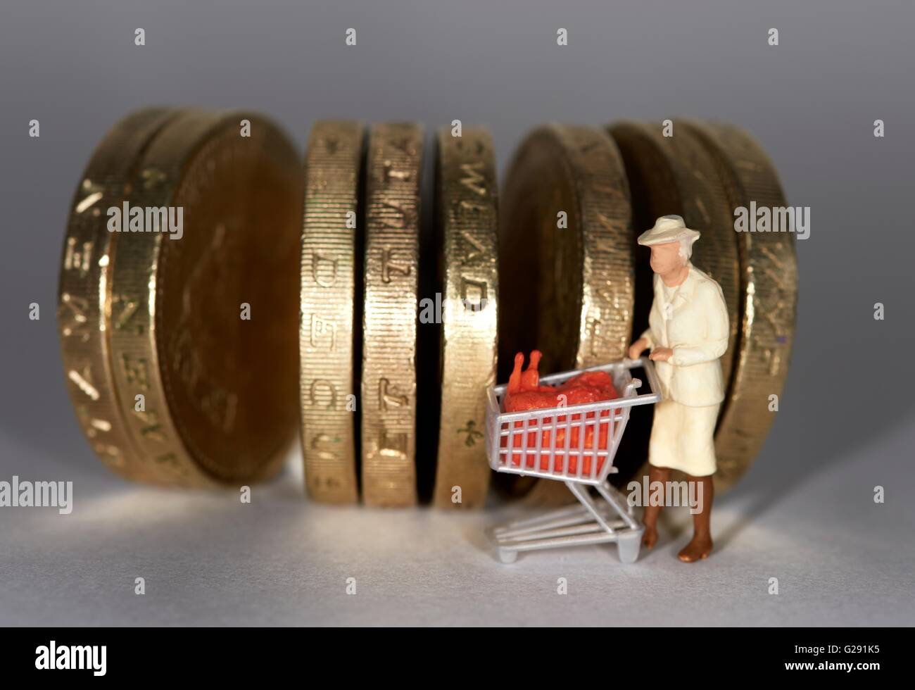Statuetta in miniatura donna anziana spingendo un supermercato carrello della spesa tra british una libbra di monete. Foto Stock
