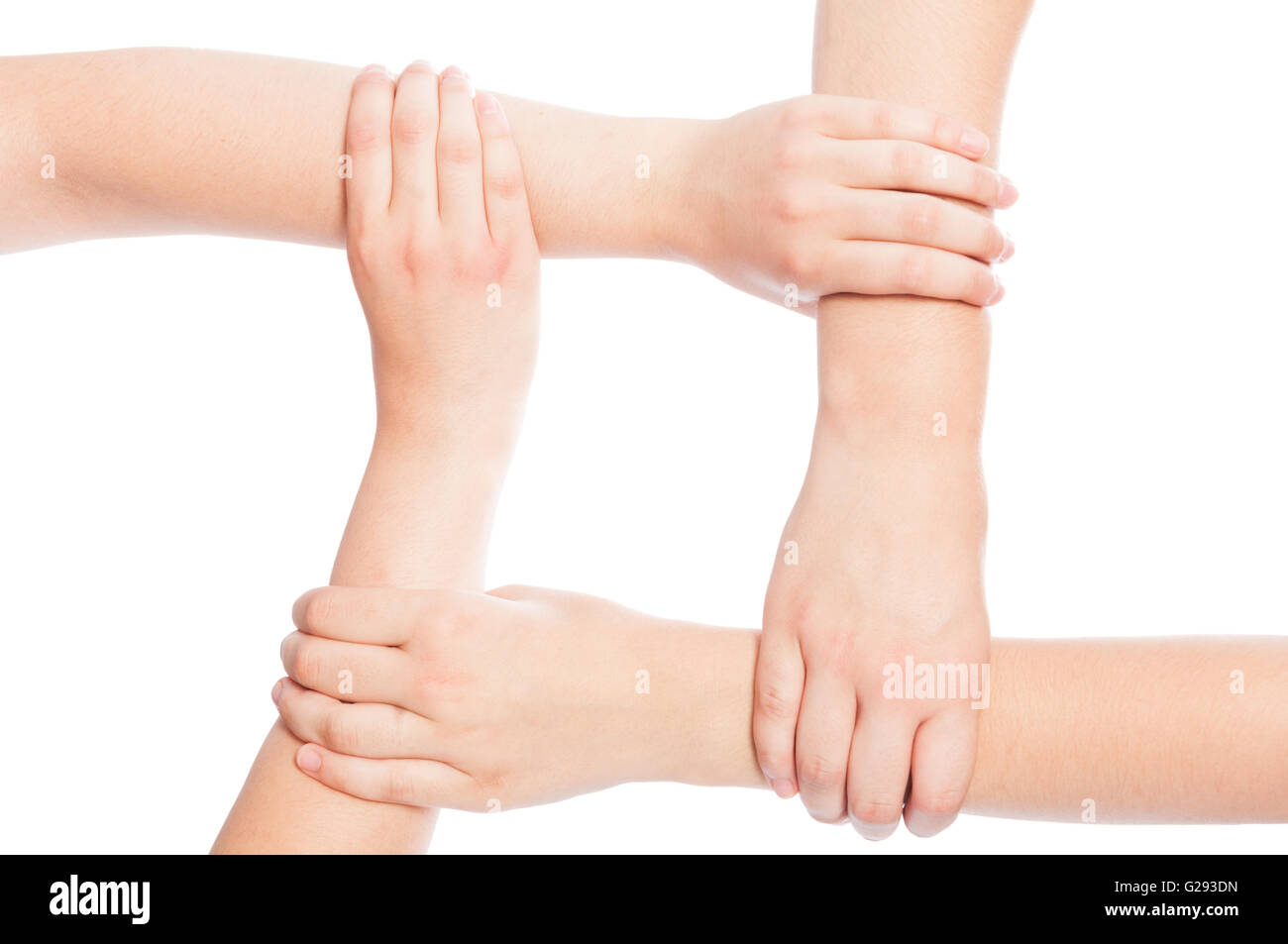 Quattro mani giunte isolato su sfondo bianco Foto Stock