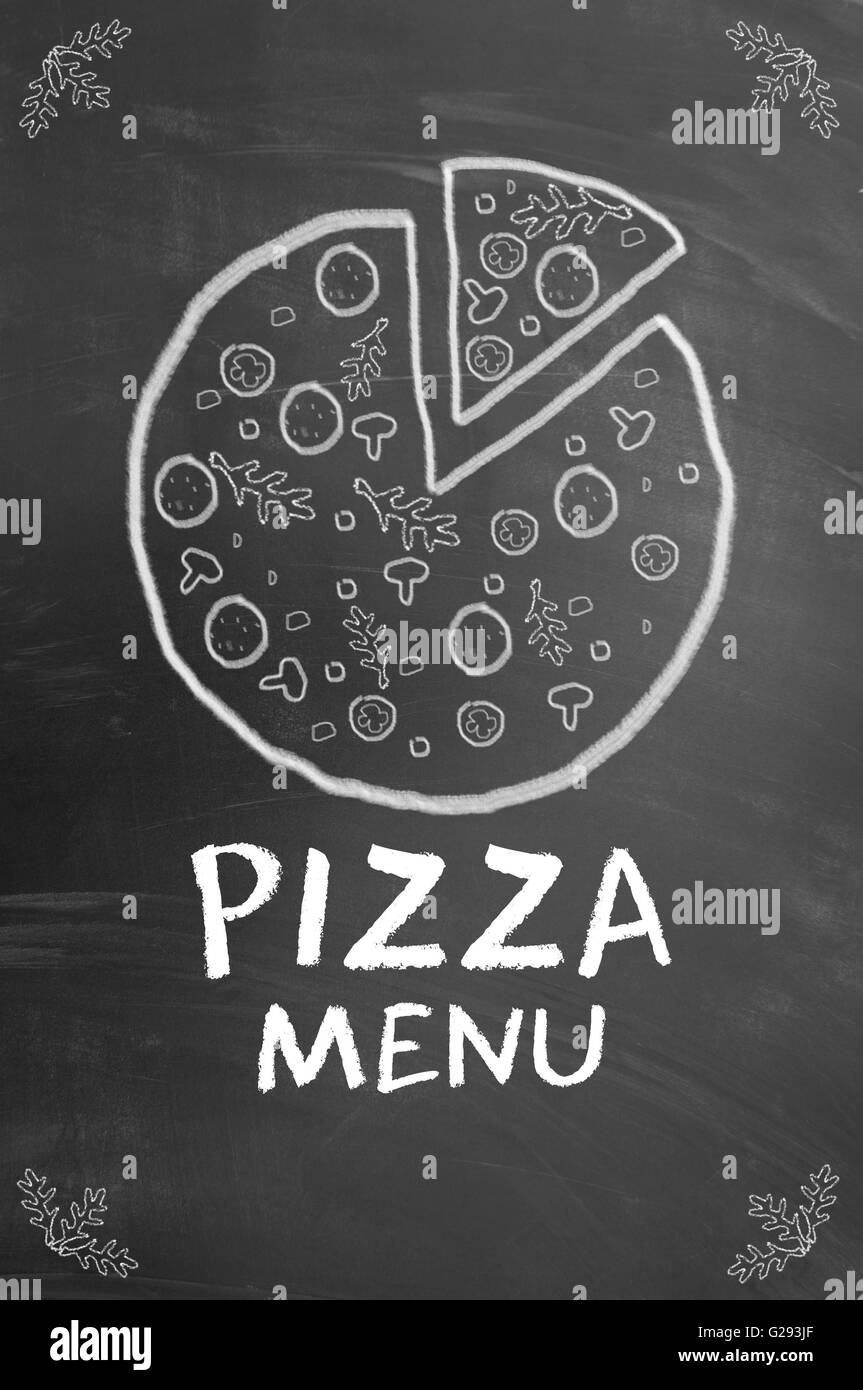 Pizza Illustrazione disegnata con gesso bianco sulla lavagna Foto Stock