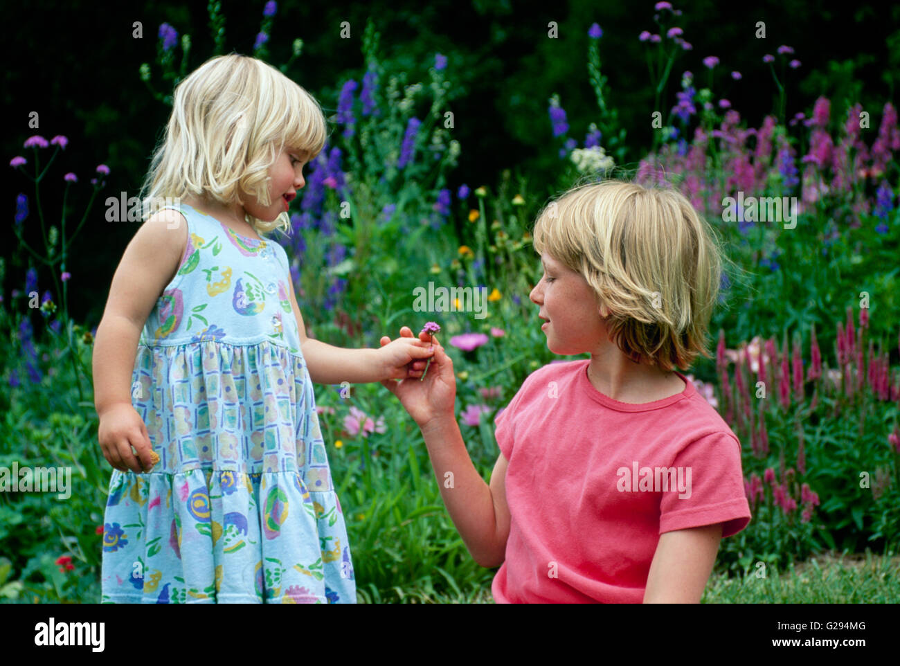Due ragazze (suore) in un giardino di fiori guardando fiore, Missouri USA Foto Stock