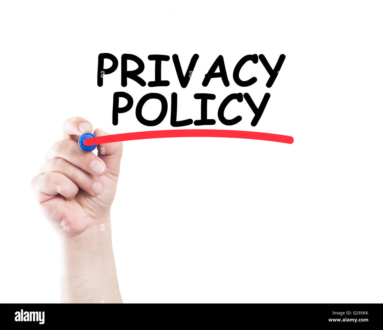 Politica sulla privacy concetto fatta da una mano umana tenendo un marcatore sul trasparente scheda di pulizia Foto Stock