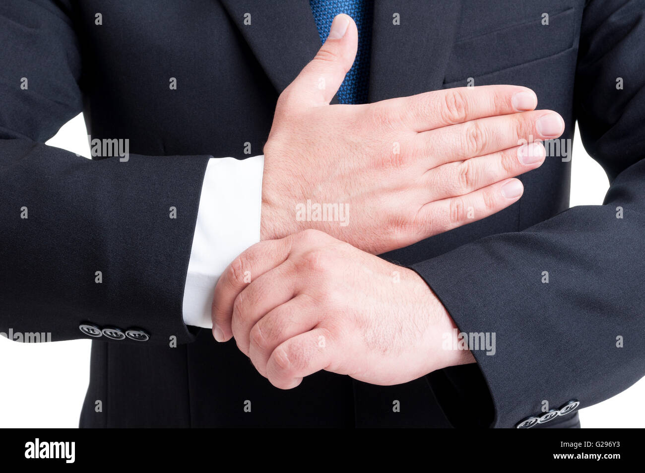 Ricco avvocato il fissaggio camicia costosa e tuta sleve. Anche il banchiere di business man concept Foto Stock