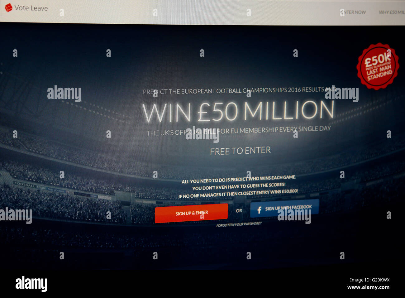 Screenshot di 50milioni di euro.uk. Vote lascia lancia 50milioni di euro.uk, un concorso per vincere £50 milioni. Foto Stock