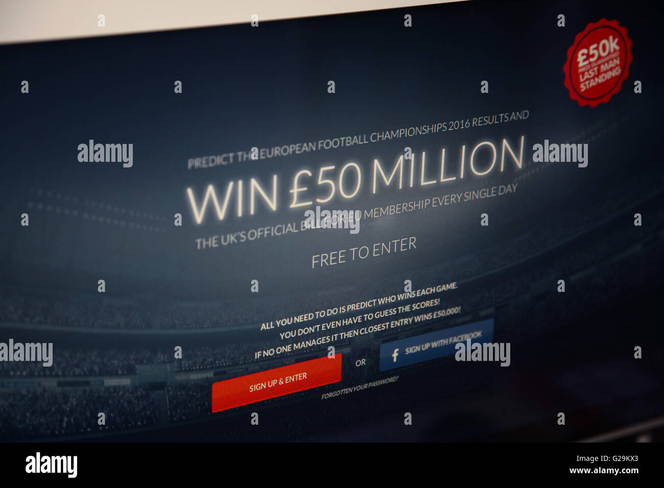 Screenshot di 50milioni di euro.uk. Vote lascia lancia 50milioni di euro.uk, un concorso per vincere £50 milioni. Foto Stock