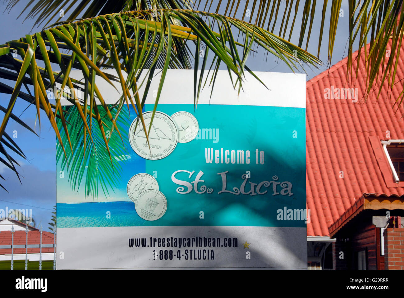 Segno di benvenuto, St Lucia, dei Caraibi Foto Stock