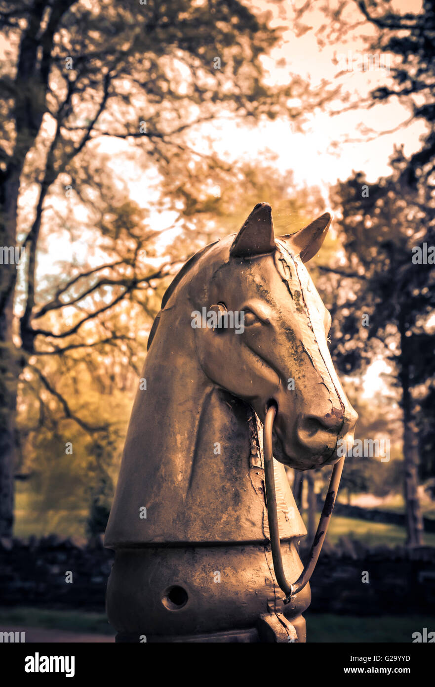 Un vecchio e stagionato ghisa cavallo post di aggancio dal xix secolo sta di guardia e nobile sul maestoso motivi Foto Stock