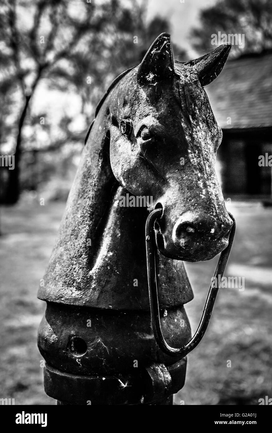 Un vecchio e stagionato ghisa cavallo post di aggancio dal xix secolo sta di guardia e nobile sul maestoso motivi Foto Stock