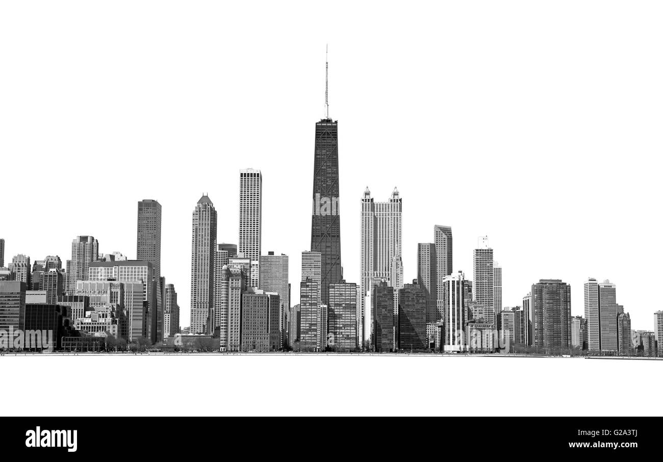 Sullo skyline di Chicago isolato su bianco Foto Stock
