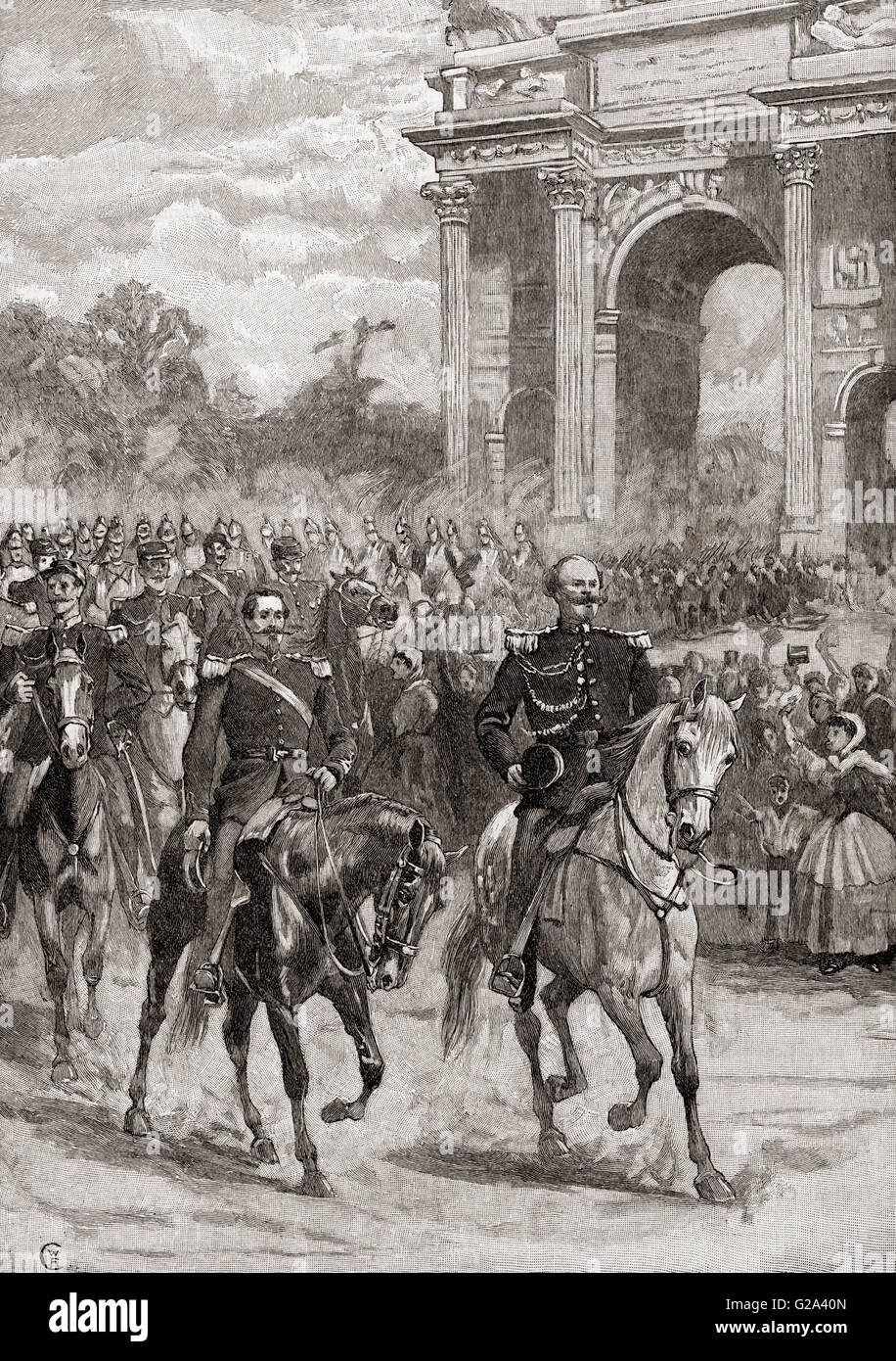 La voce di Napoleone III, destra, 1808-1873 e Vittorio Emanuele II, sinistra, 1820-1878, in Milano, Italia, 8 giugno 1859 durante la Seconda Guerra d'Indipendenza italiana. Foto Stock