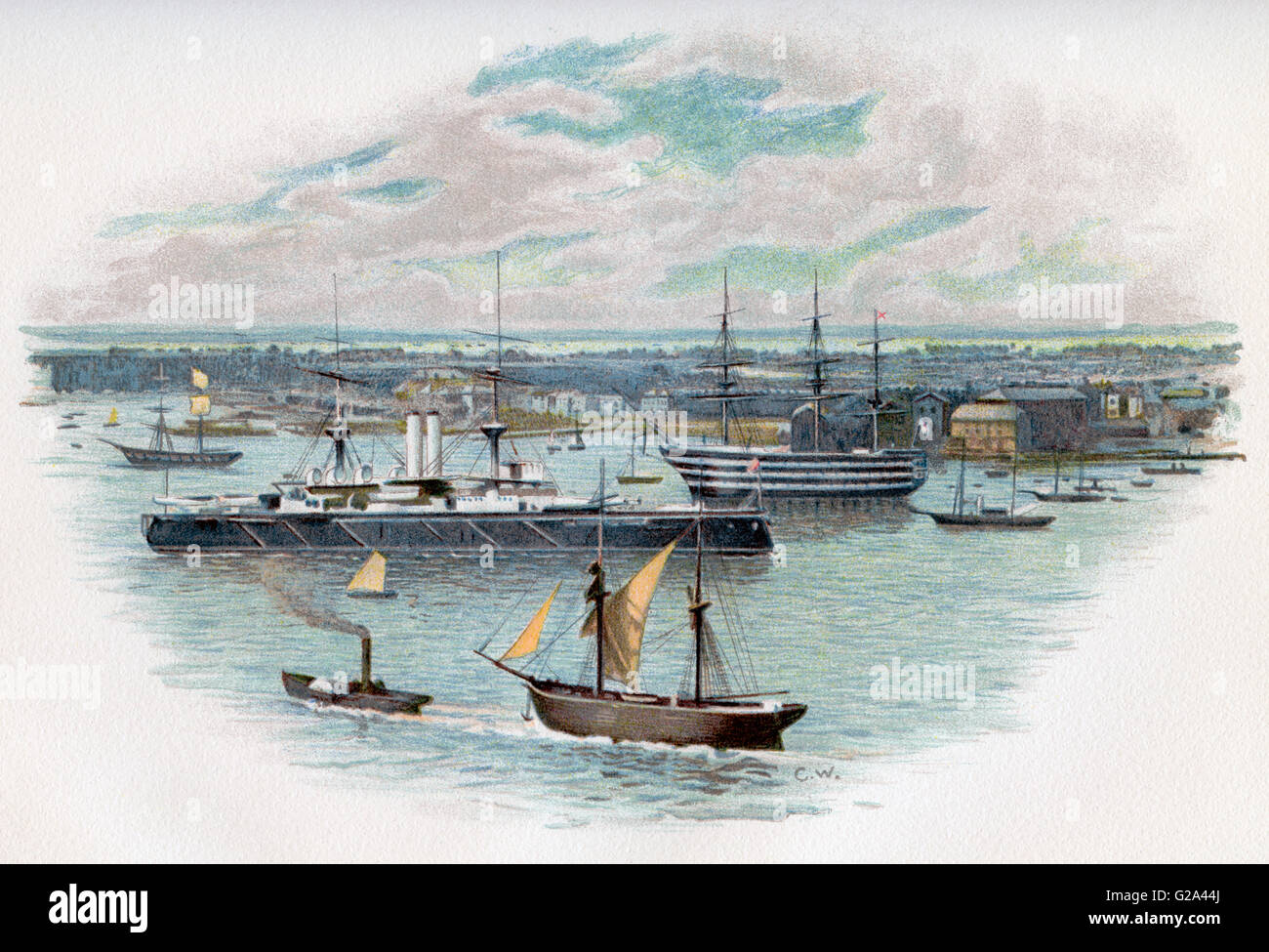 Il porto di Portsmouth, Hampshire, Inghilterra nel tardo XIX secolo. Foto Stock