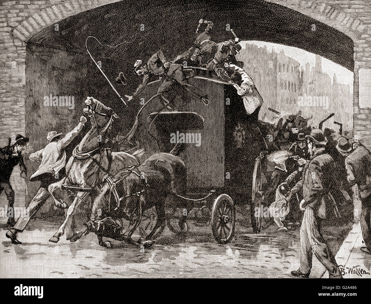La Manchester oltraggi, 1867. Membri della Fenians, il repubblicano irlandese di fraternità, di attaccare a cavallo van di polizia a Manchester in Inghilterra il trasporto di due arrestati i leader della loro fraternità. Questo ha provocato l'arresto e la successiva esecuzione di tre di essi per l assassinio di un funzionario di polizia che viaggiano all'interno del furgone. Foto Stock