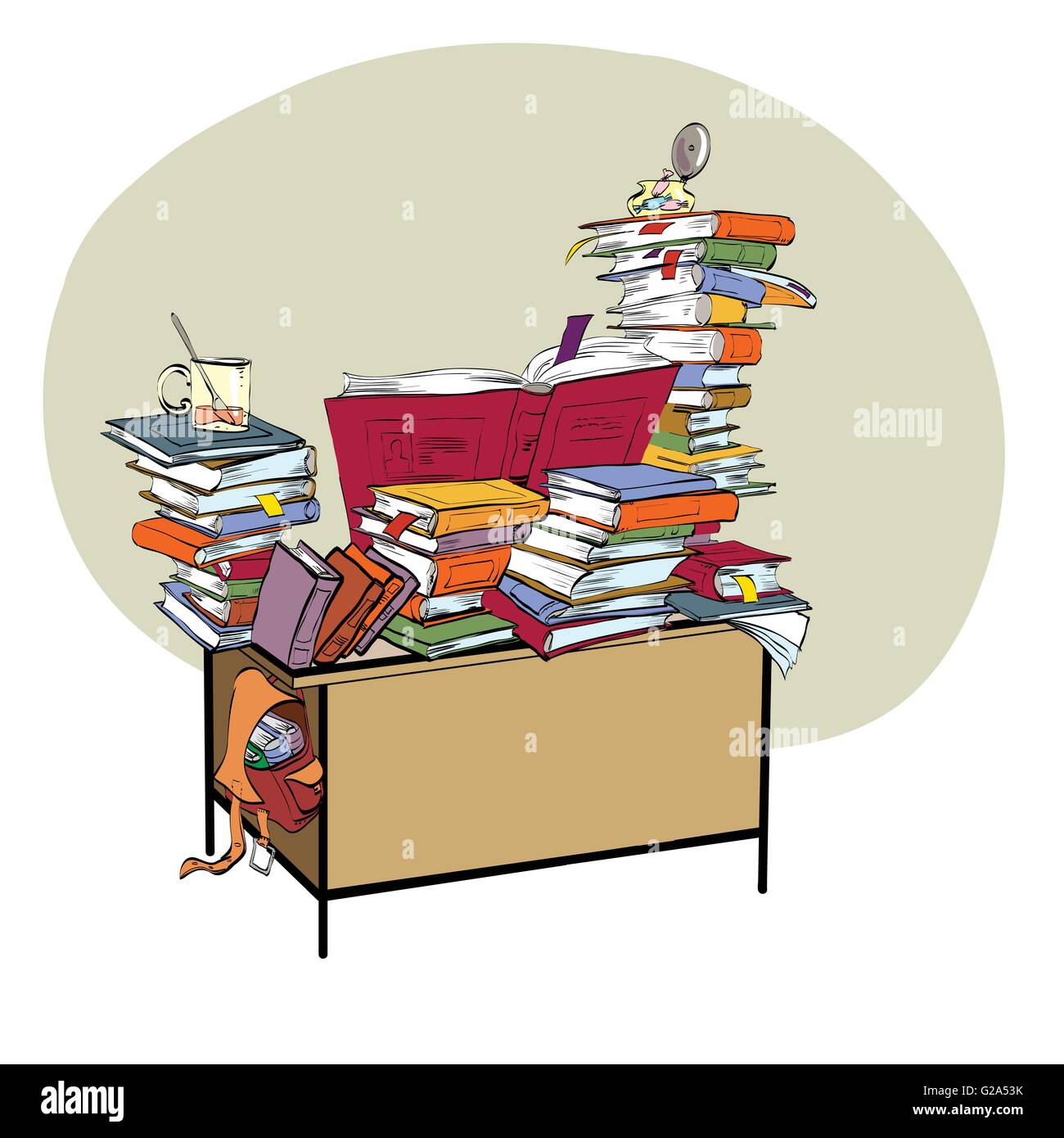 Banco di scuola con libri, letteratura e la libreria Illustrazione Vettoriale