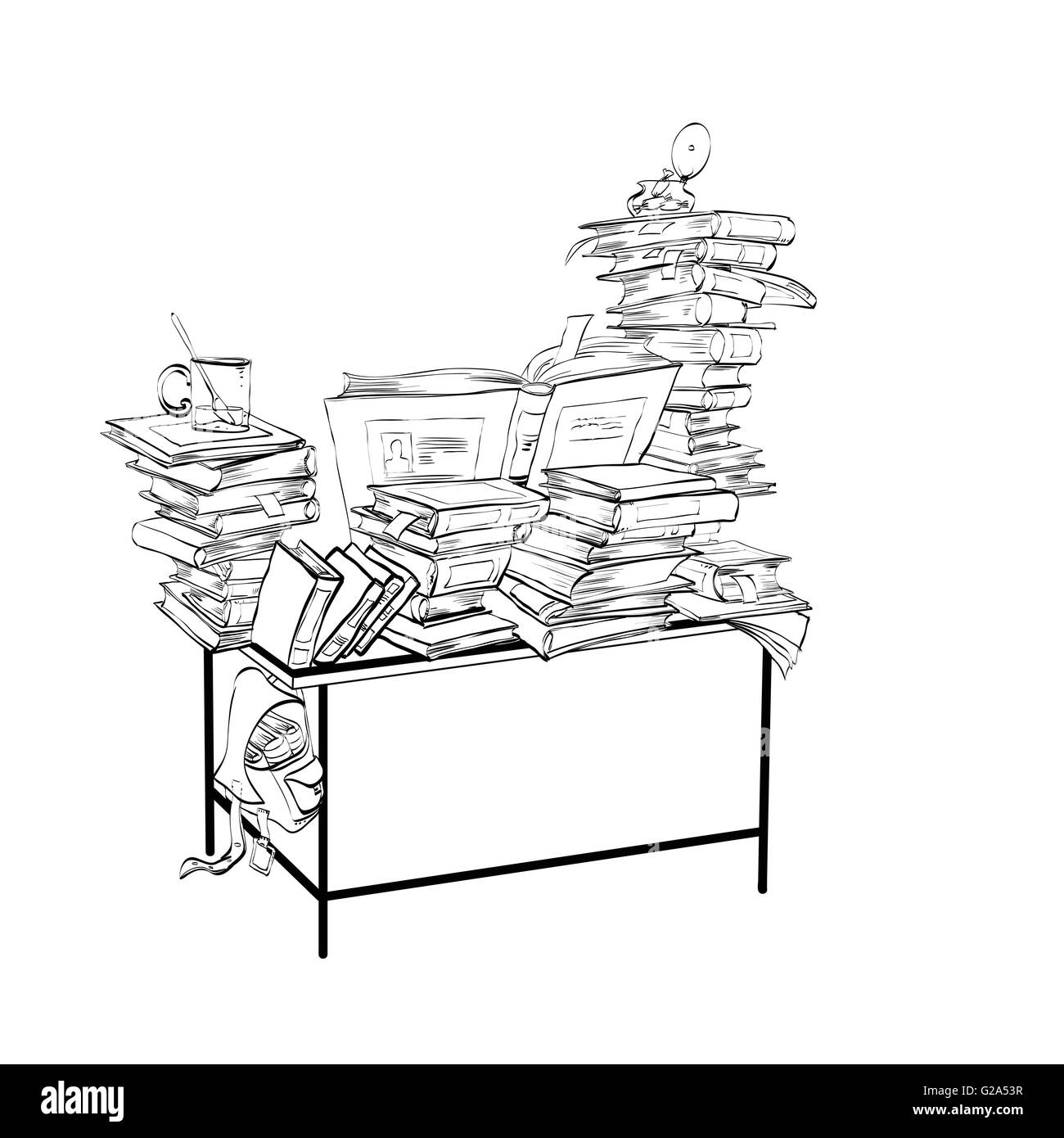 Banco di scuola con libri, letteratura e la libreria Illustrazione Vettoriale