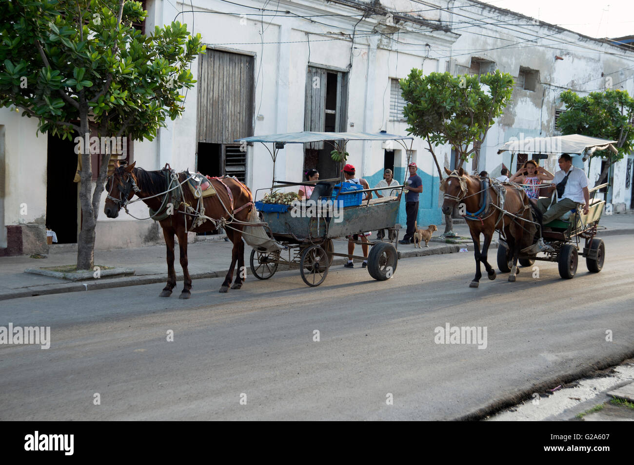 Un cavallo disegnato food cart smette di vendere le merci in una strada laterale a Cienfuegos Cuba mentre un altro cavallo e taxi passa da Foto Stock