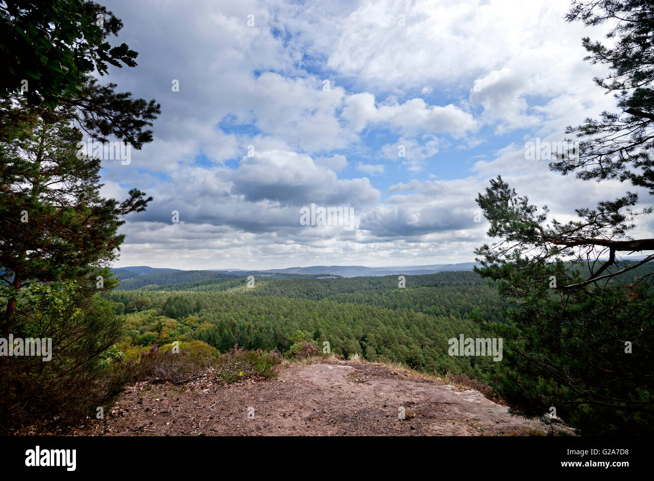 Vista panoramica dal Hochwald, dei boschi della parte orientale della Foresta Nera, vicino a Burg Ramstein, Germania. Foto Stock