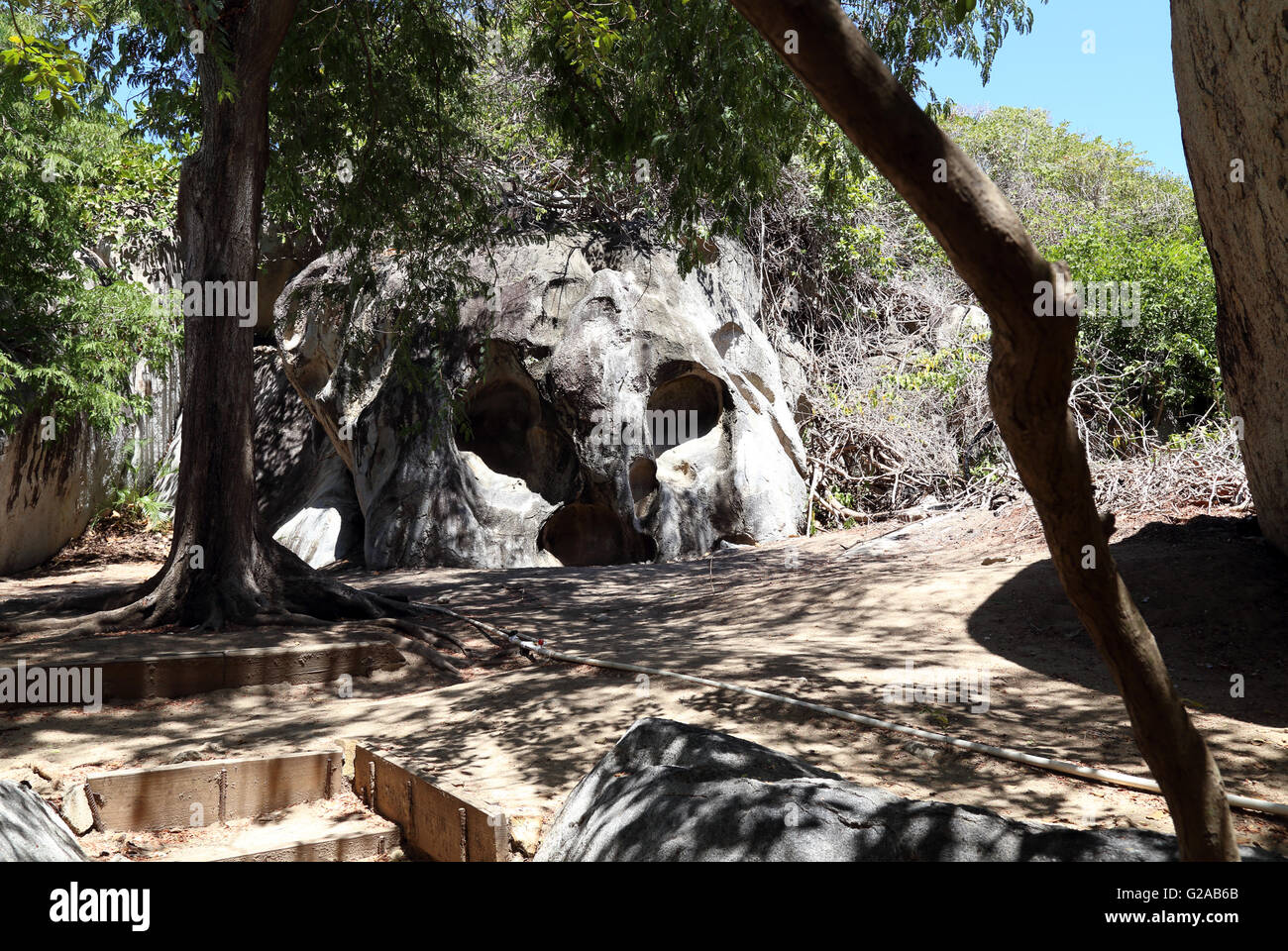 A forma di teschio rock, sul percorso di Devil's Bay, bagni, Virgin Gorda, Isole Vergini Britanniche, Isole dei Caraibi Foto Stock