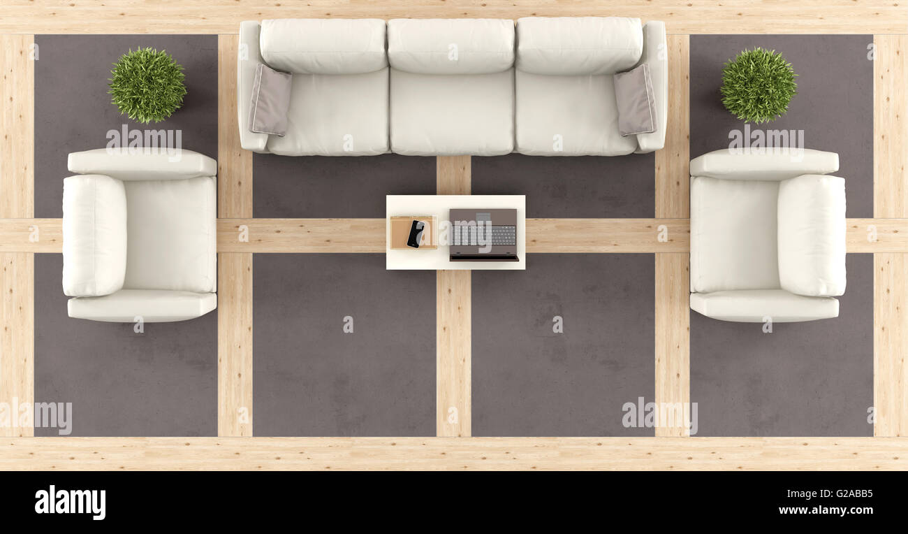 Vista dall'alto di un moderno salotto con divano e poltrone in legno e  pavimento di calcestruzzo-3d rendering Foto stock - Alamy