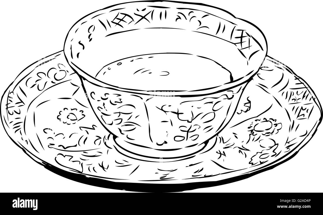 Delineate illustrazione di antichi del XVIII secolo tazzina e piattino pieno con caffè Foto Stock