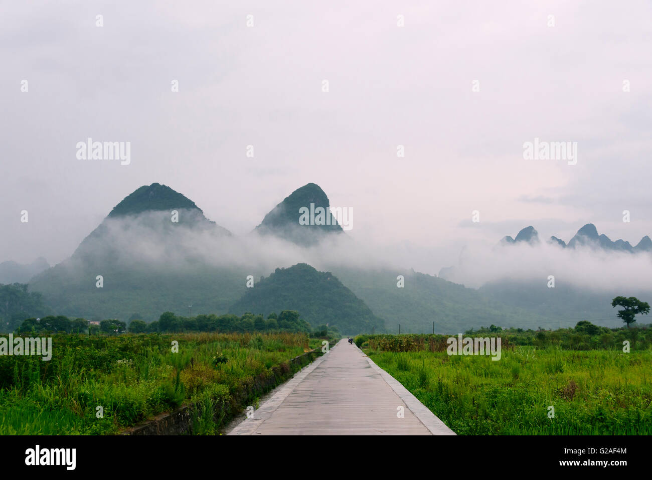 Colline carsiche nella nebbia mattutina, Yangshuo, provincia di Guangxi, Cina Foto Stock