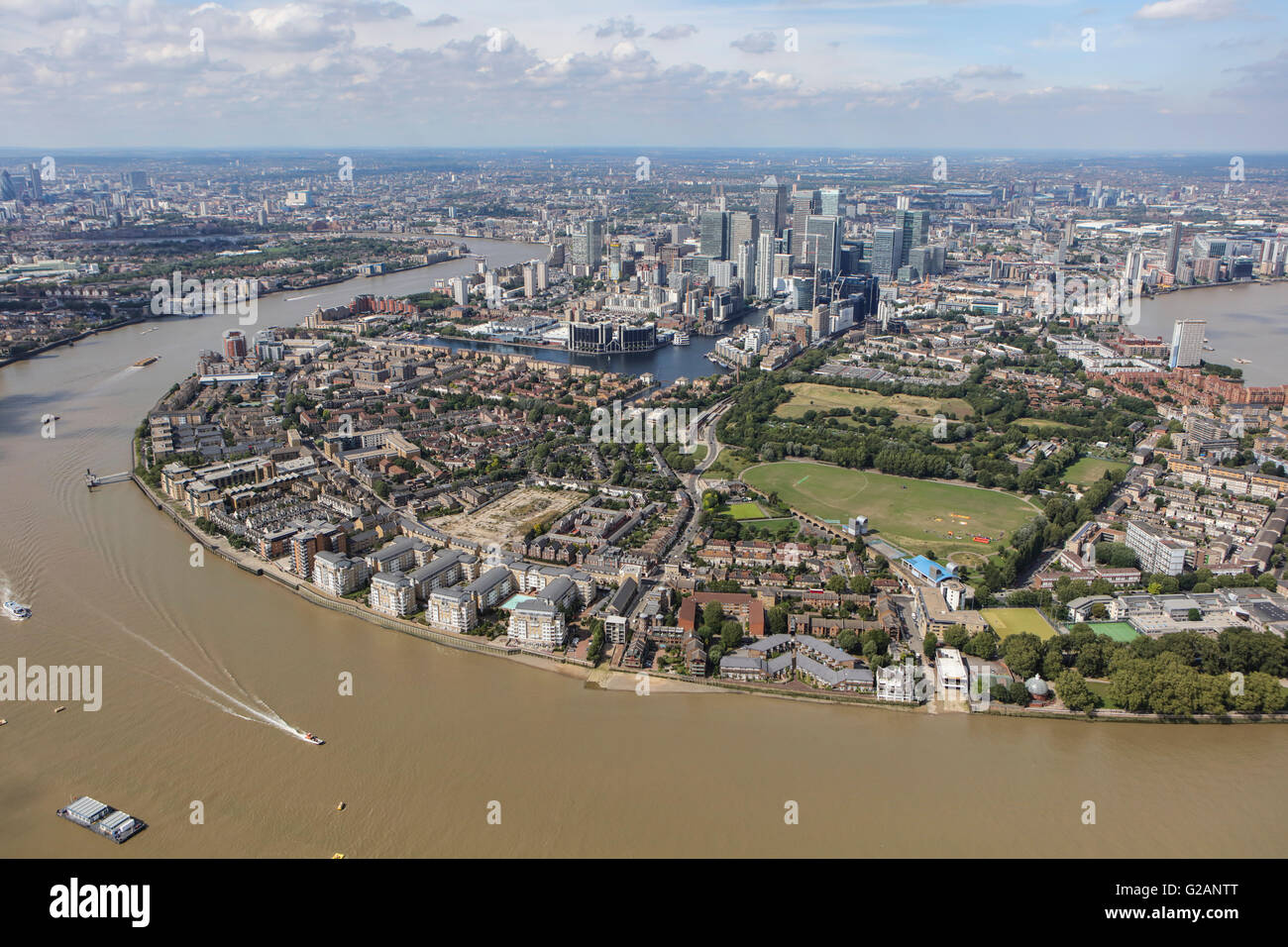 Una veduta aerea del Isle of Dogs da Sud Foto Stock