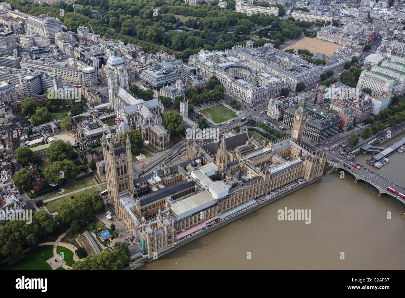 Una veduta aerea di Westminster e la Casa del Parlamento, Londra Foto Stock