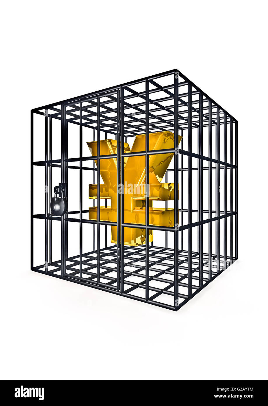 Caged yen / 3D render di yen simbolo nella gabbia di metallo Foto Stock