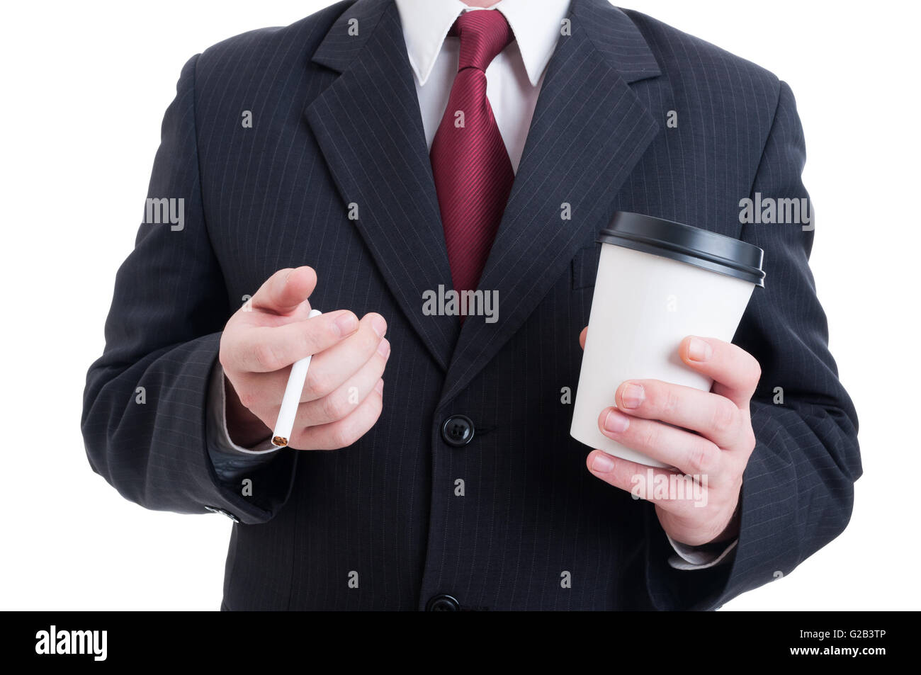 Dipendente aziendale avente un caffè e la pausa sigaretta isolato su bianco Foto Stock