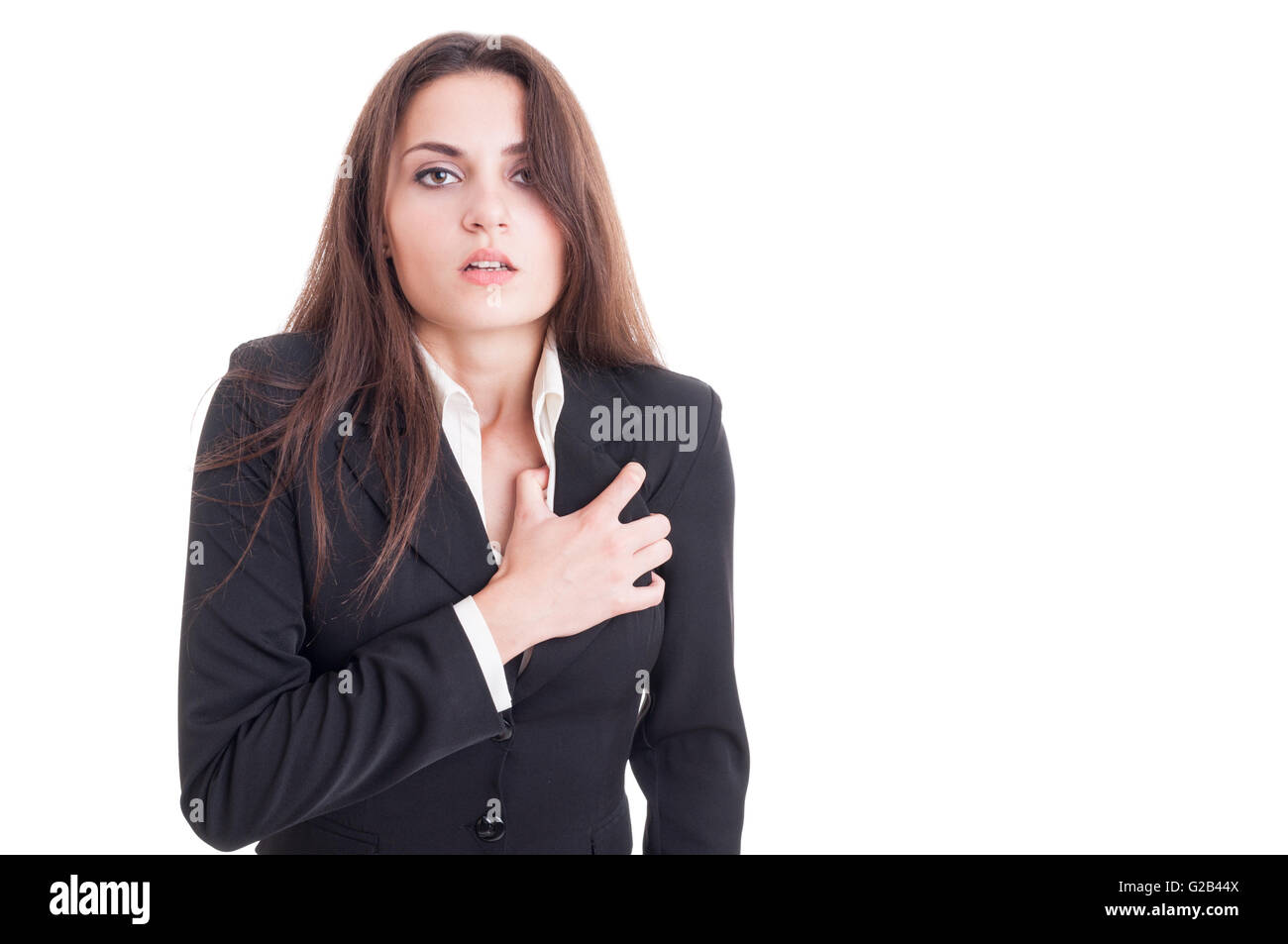 Business donna avente un attacco di cuore o arresto cardiaco isolato su sfondo bianco Foto Stock