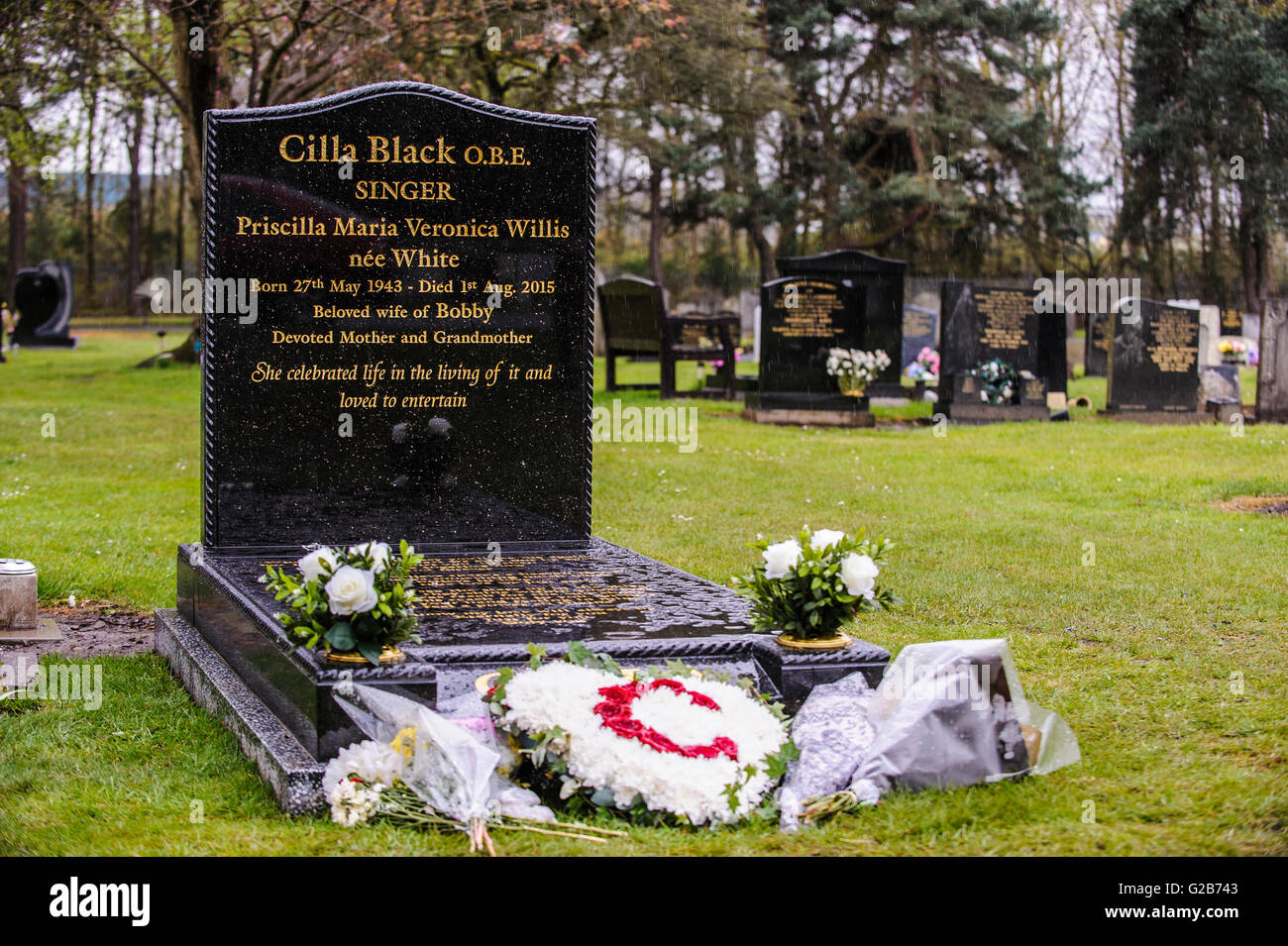 Pietra tombale di Cilla nero, Liverpool cantante e star televisiva , nel cimitero di Allerton, Liverpool, Regno Unito Foto Stock