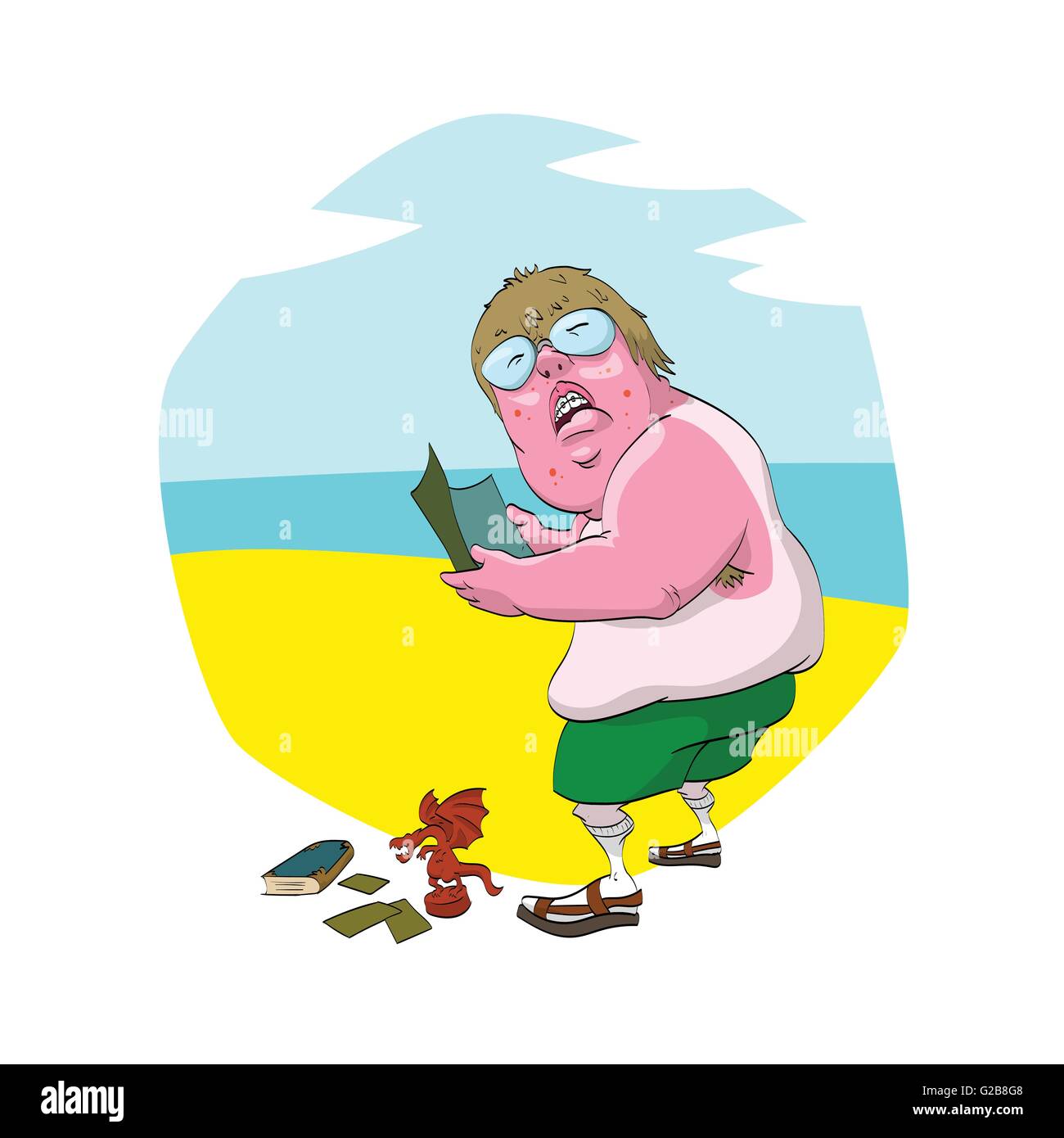 Colorata illustrazione vettoriale di un cartone animato fat nerd sulla spiaggia, con tan irregolare, bicchieri, calzini e sandali. Tenendo un magazine Illustrazione Vettoriale