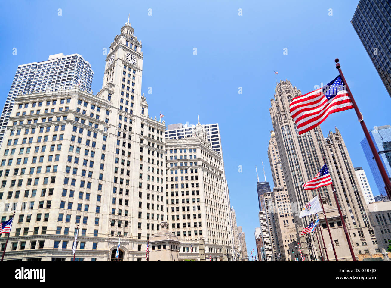 Wrigley Building e Tribune Tower di Chicago, Illinois, Stati Uniti d'America Foto Stock