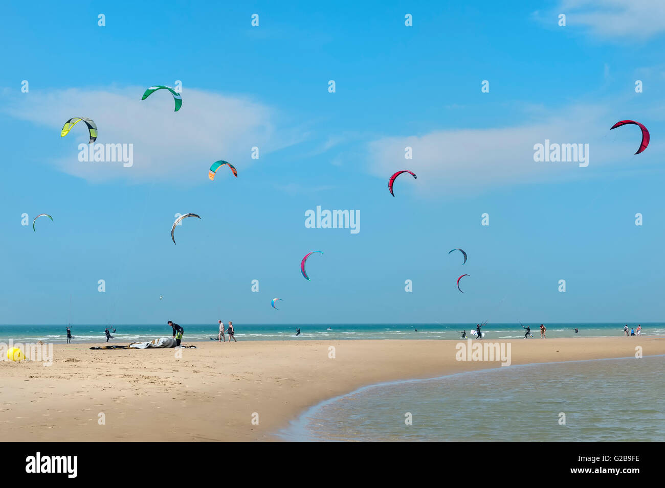 Kite-surf sulla spiaggia Wissant, Côte d'Opale, Regione Nord - Pas de Calais, Francia Foto Stock