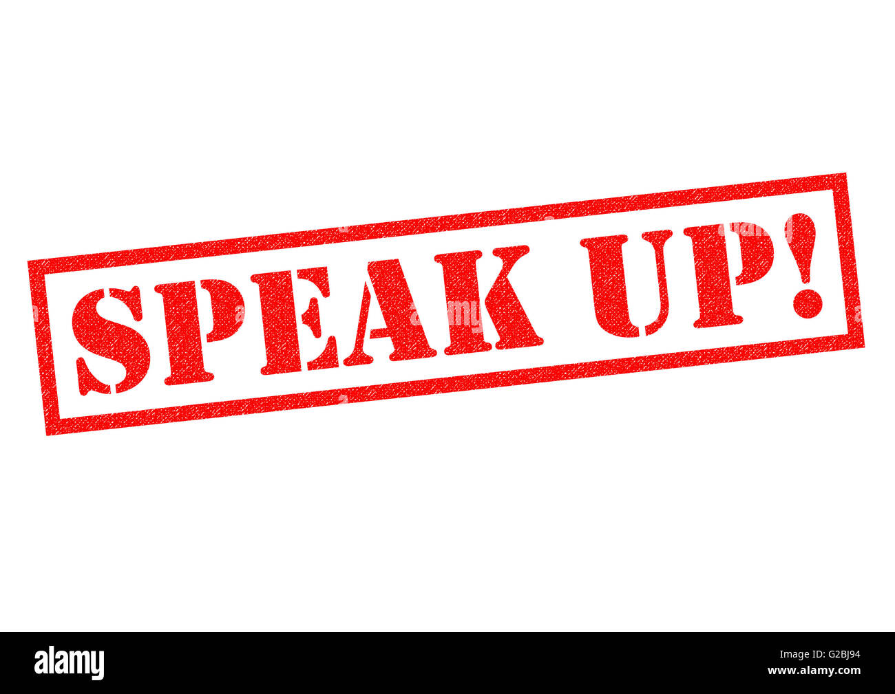 SPEAK UP! Rosso timbro di gomma su uno sfondo bianco. Foto Stock