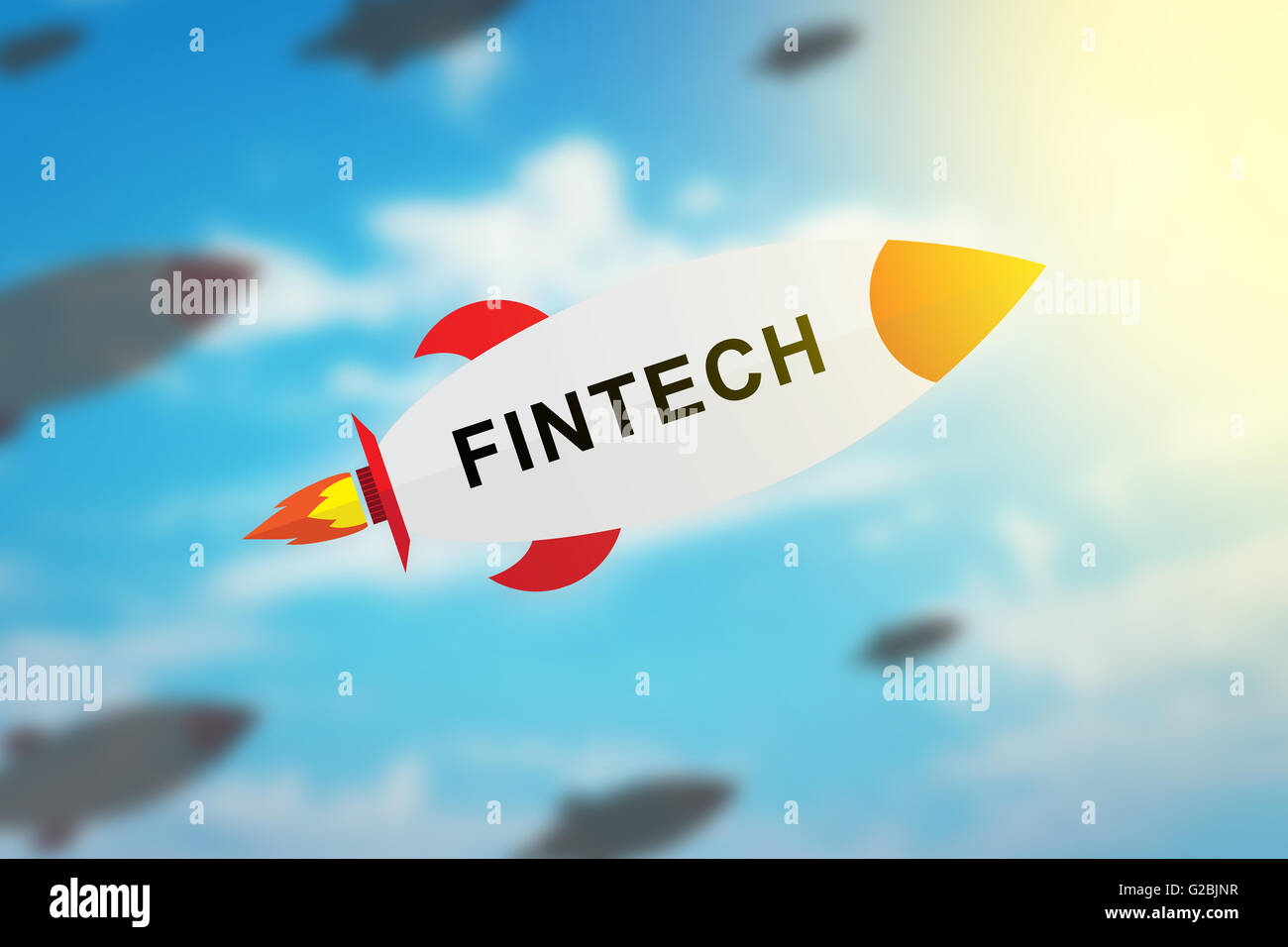 Gruppo di fintech o financial technology design piatto a razzo con sfondo sfocato e effetto luce soffusa Foto Stock