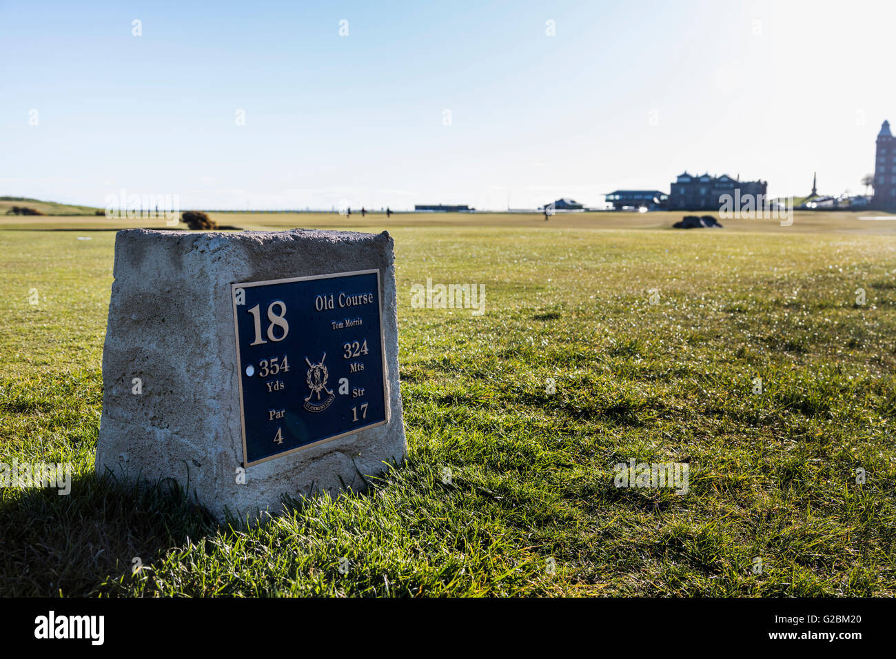 Scatola a T, diciottesimo foro, l'Old Course a St Andrews, Scozia Foto Stock