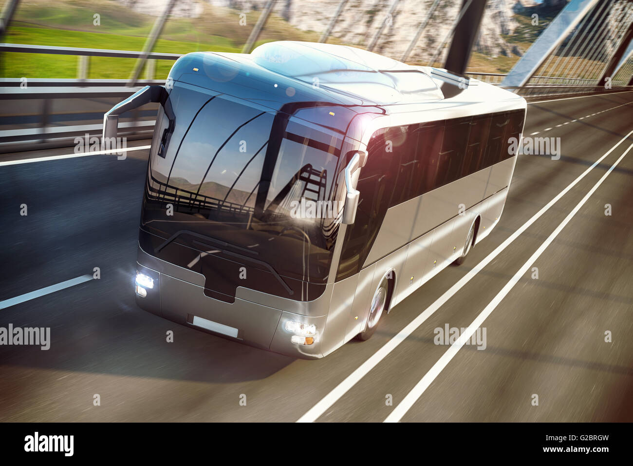 Immagine realistica di grigio bus sulla strada. Business Travel Concept. Ponte stradale 3D rendering Foto Stock