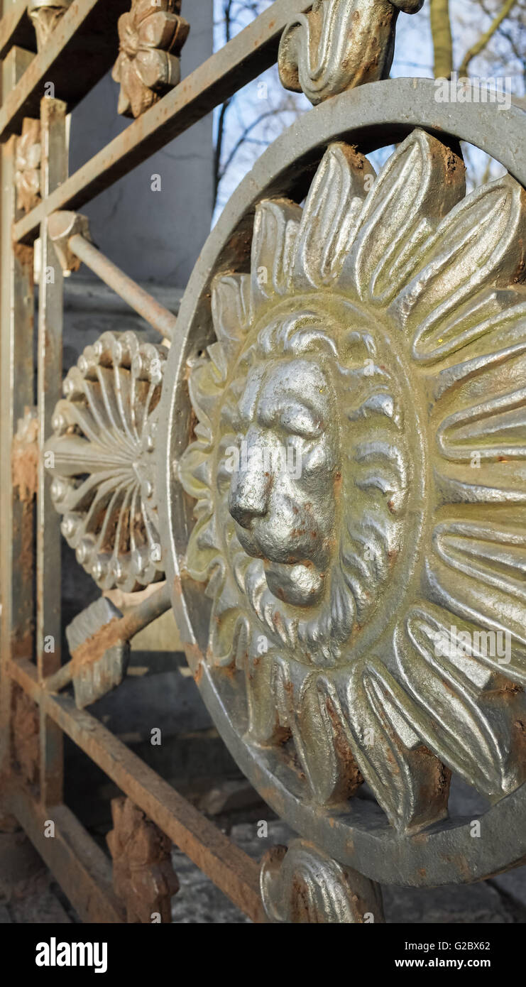 Testa di leone in cornice rotonda, la decorazione del vecchio recinto metallico nel centro storico di San Pietroburgo, Russia Foto Stock