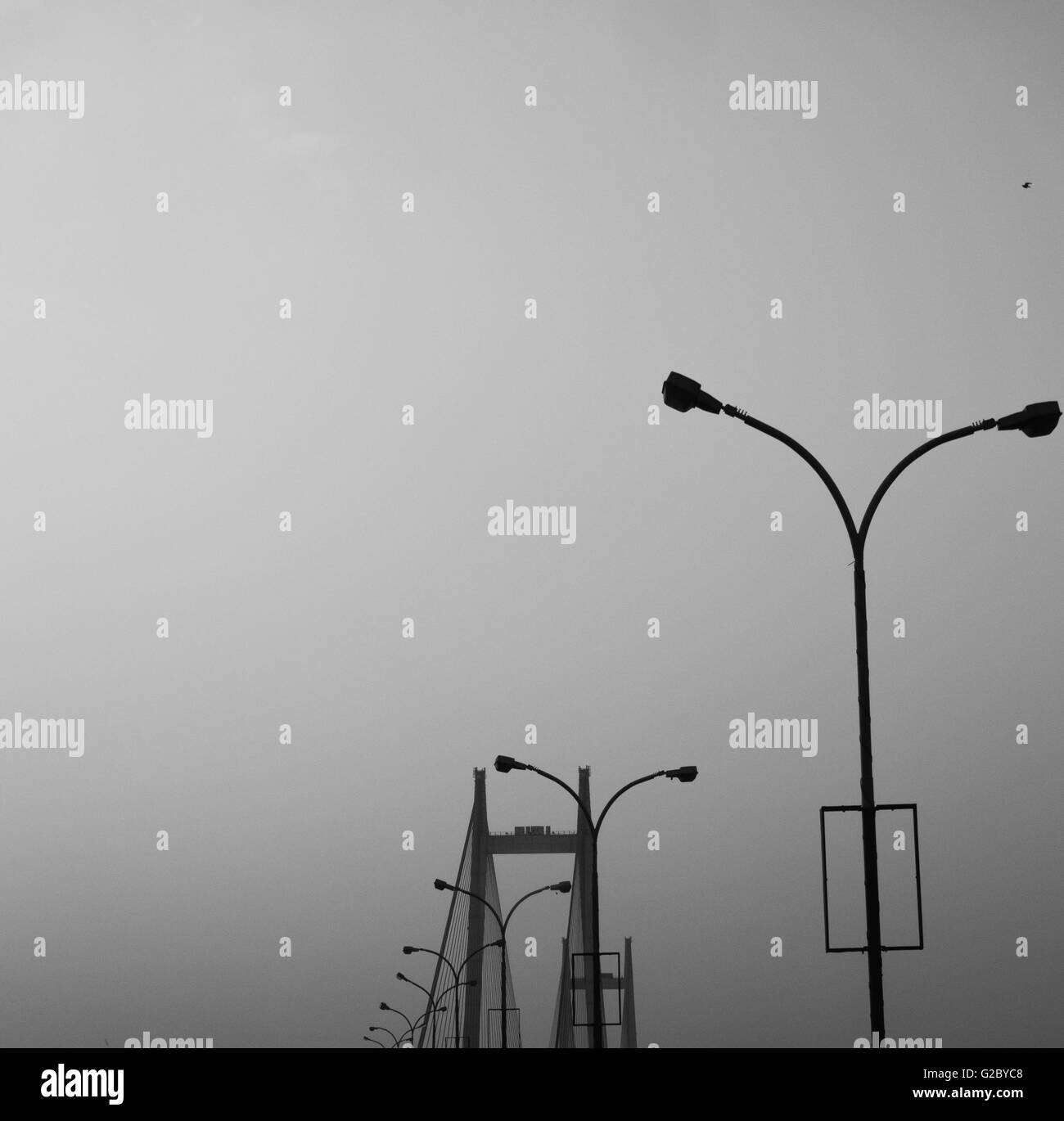 Vista in prospettiva laterale in colpo di Vidyasagar Setu ponte enfasi sulla linea di lampioni con vista della torre di sospensione Foto Stock