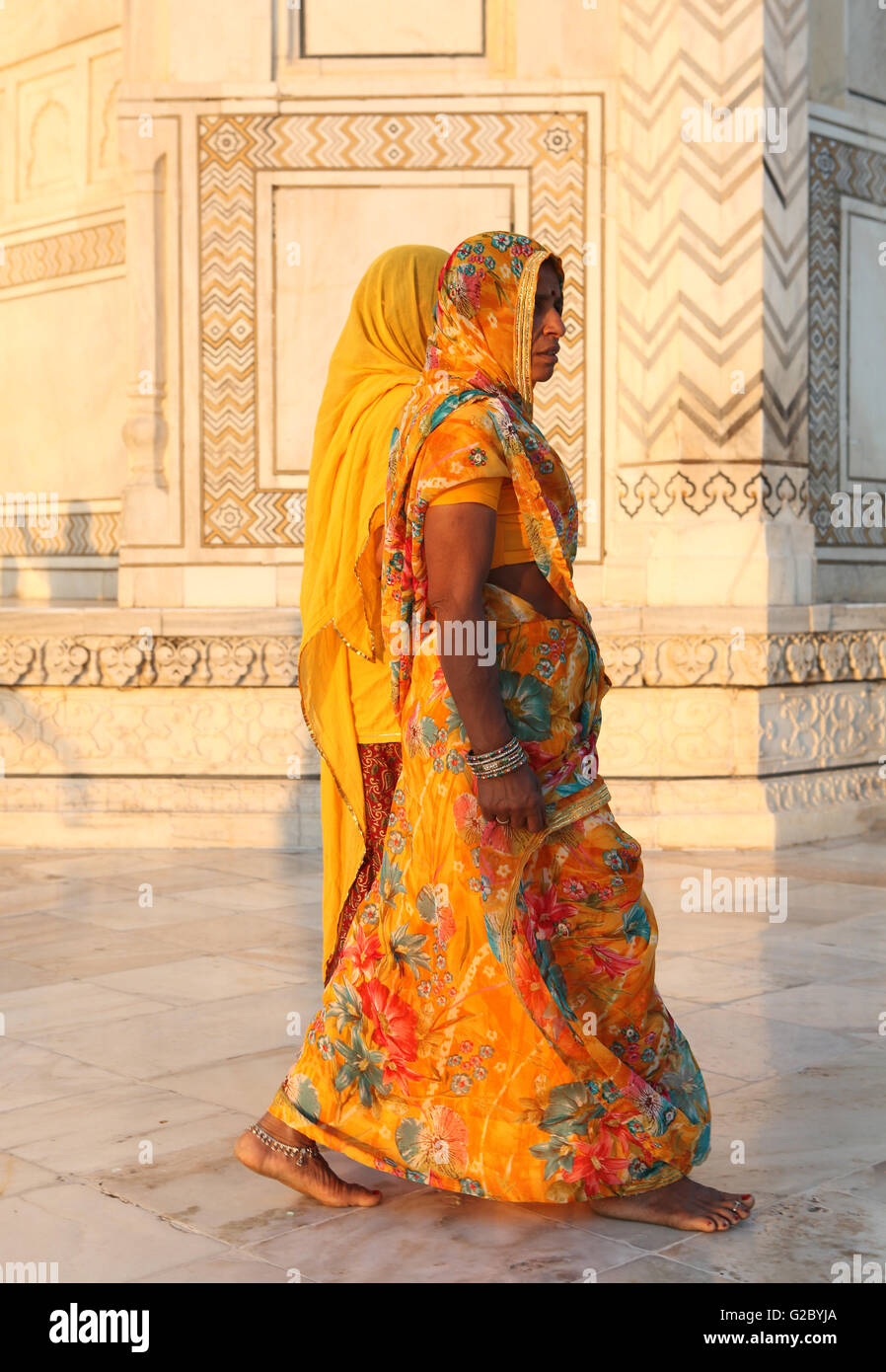 Due donne indiane in sari al Taj Mahal, Agra, Uttar Pradesh, India Foto Stock