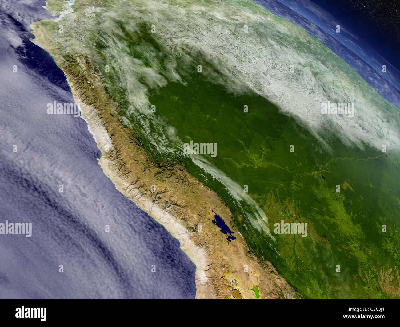 Il Perù con la circostante regione come si vede dall'orbita terrestre nello spazio. 3D illustrazione con altamente dettagliate realistico superficie planet Foto Stock Il Perù con la circostante regione come si vede dall'orbita terrestre nello spazio. 3D illustrazione con altamente dettagliate realistico superficie planet Foto Stock